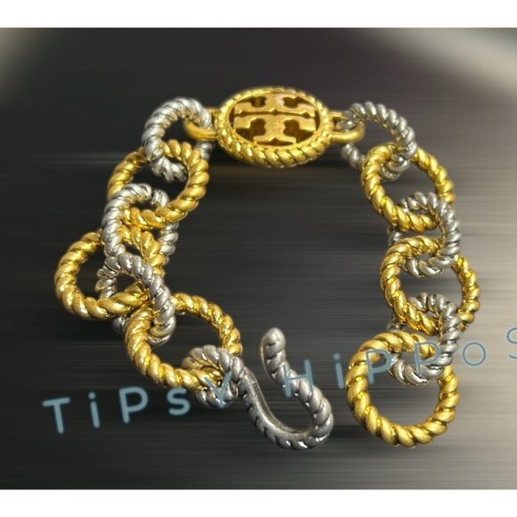 TORY BURCH Gold and Silver Rope Chain Link Bracelet With Toggle Clasp - Picture 2 of 3